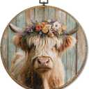 Pugwak Vintage Highland Cow Round Wall Art Decor, Rustic Farmhouse Cow Animal Canvas Art Framed, Country Cottagecore Flower Cattle Artwork Wall Hanging Decor for Home Living Room Bedroom, 10x10in
