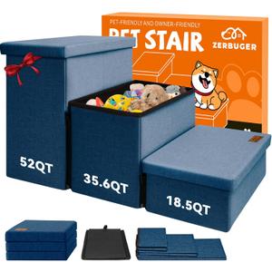 Dog Stairs with Storage 18" H, 3-Step Wider Dog Steps for Small/Medium/Large Dogs Cats, Folding Sturdy Pet Stairs Climbing Bed or Sofa, Ramp for Car Hold Up to 200 lbs (Navy Blue, No Condo)