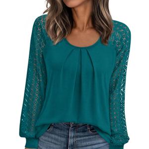 PRETTYGARDEN Womens Long Sleeve Shirts Lace Tops 2026 Spring Fashion Outfits Dressy Casual Blouses Work Clothes (Blue, XL)