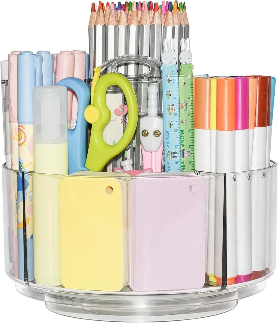 JIKIOU Acrylic Pen Holder, 360-Degree Rotating Pen Holder for Desk, Clear Desk Organizers and Accessories with 5 Compartments Pencil Organizer, Art Supply Storage Box Caddy for Office, Home
