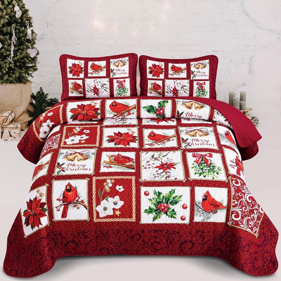 Luxudecor Christmas Quilt Set Twin Size Cardinal Birds Quilt Poinsettia Holly Mistletoe Patchwork Bedspread Bedding Set Soft Microfiber Bed Cover with Pillow Shams 68"x 86"
