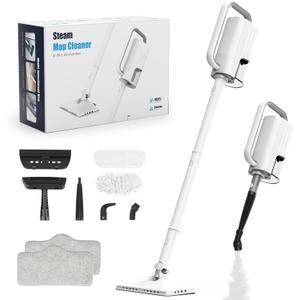 Steam Cleaner, 6 in1 Rotated Steam Mop Cleaner with 2 Modes, 2 Microfiber Pads, 400ML Removable Tank, 23FT Power Cable, Detachable Steam Mops for Floor, Laminate Floor, Tiles Cleaning (White)