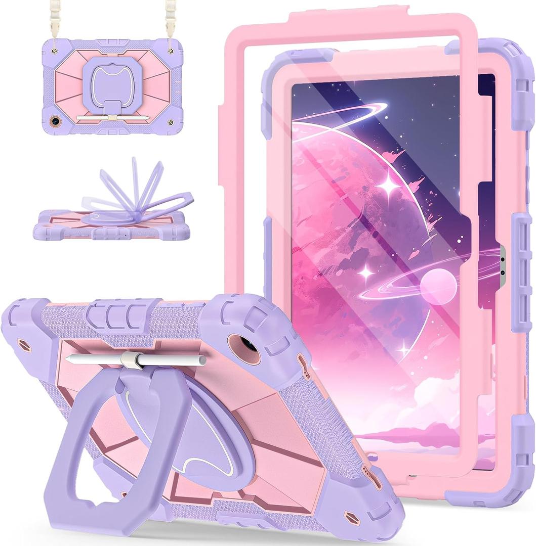for Galaxy Tab A9 Plus Case 11 Inch, Rugged Case for Samsung Galaxy A9+ Tablet with Screen Protector 360 Rotating Stand Shoulder Strap Pen Holder, 2023 Model(SM-X210/X216/218), Purple Rose