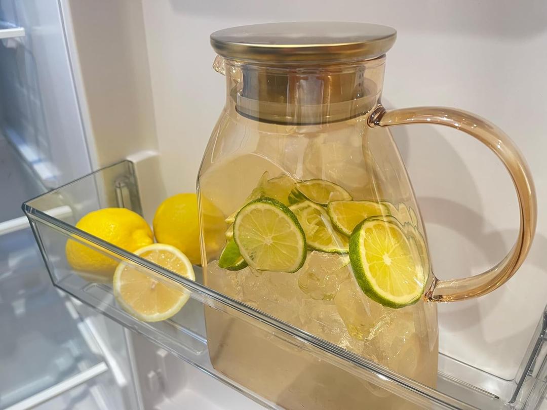 Glass Pitcher With Lid For Fridge, Updated 60 oz Amber Glass Pitchers With Handle And Lid, 0.48 Gallon Glass Tea Pitcher Jug Carafe, Water Pitcher for Hot/Cold Water Iced Juice Coffee Milk