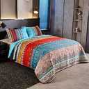 LAMEJOR Quilt Set Twin Size Boho Floral Striped Patchwork Print 3-Piece Lightweight Bedspread Coverlet Comforter Set Microfiber