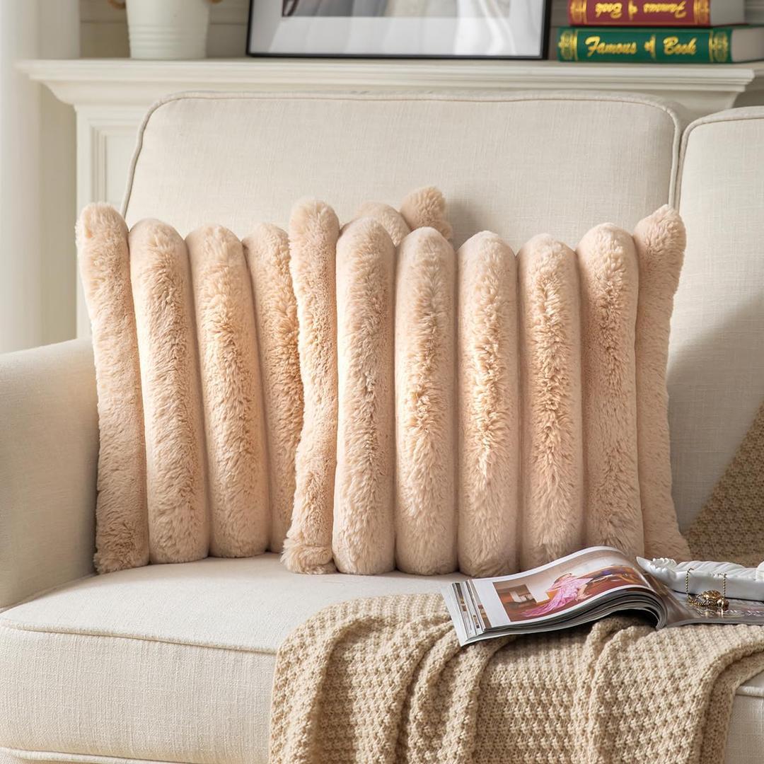 Faux Fur Plush Throw Pillow Covers 16x16 Inch Set of 2 - Luxury Decorative Fuzzy Striped Soft Cozy Pillowcase for Couch, Sofa, Living Room - Camel