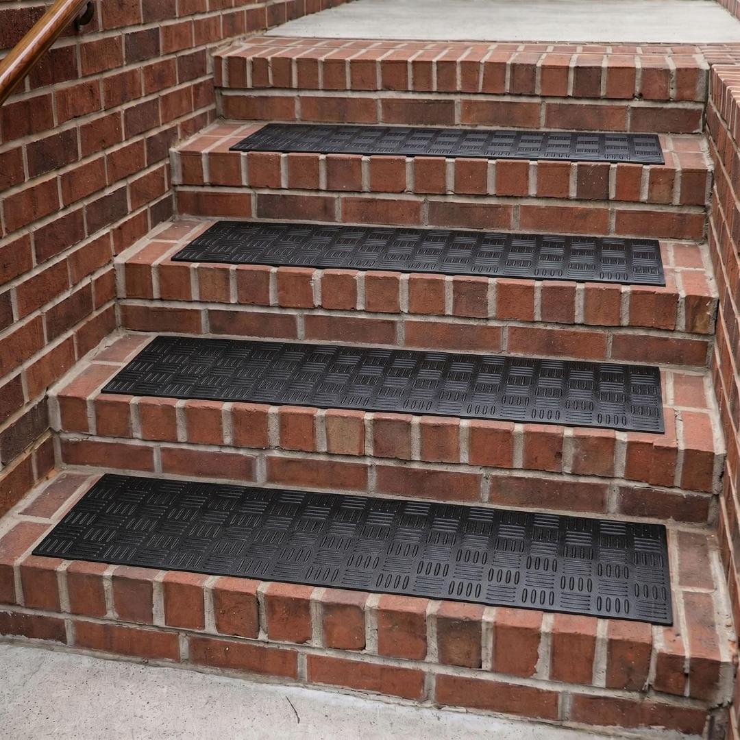 Ottomanson Outdoor Rubber Stair Treads Ribbed Heavy-Duty Non-Slip Stair Mats Best Grip on Concrete, Brick & Textured Step Fastening Recommended for Wooden & RV Steps, Pack of 5, 10" x 2'6"