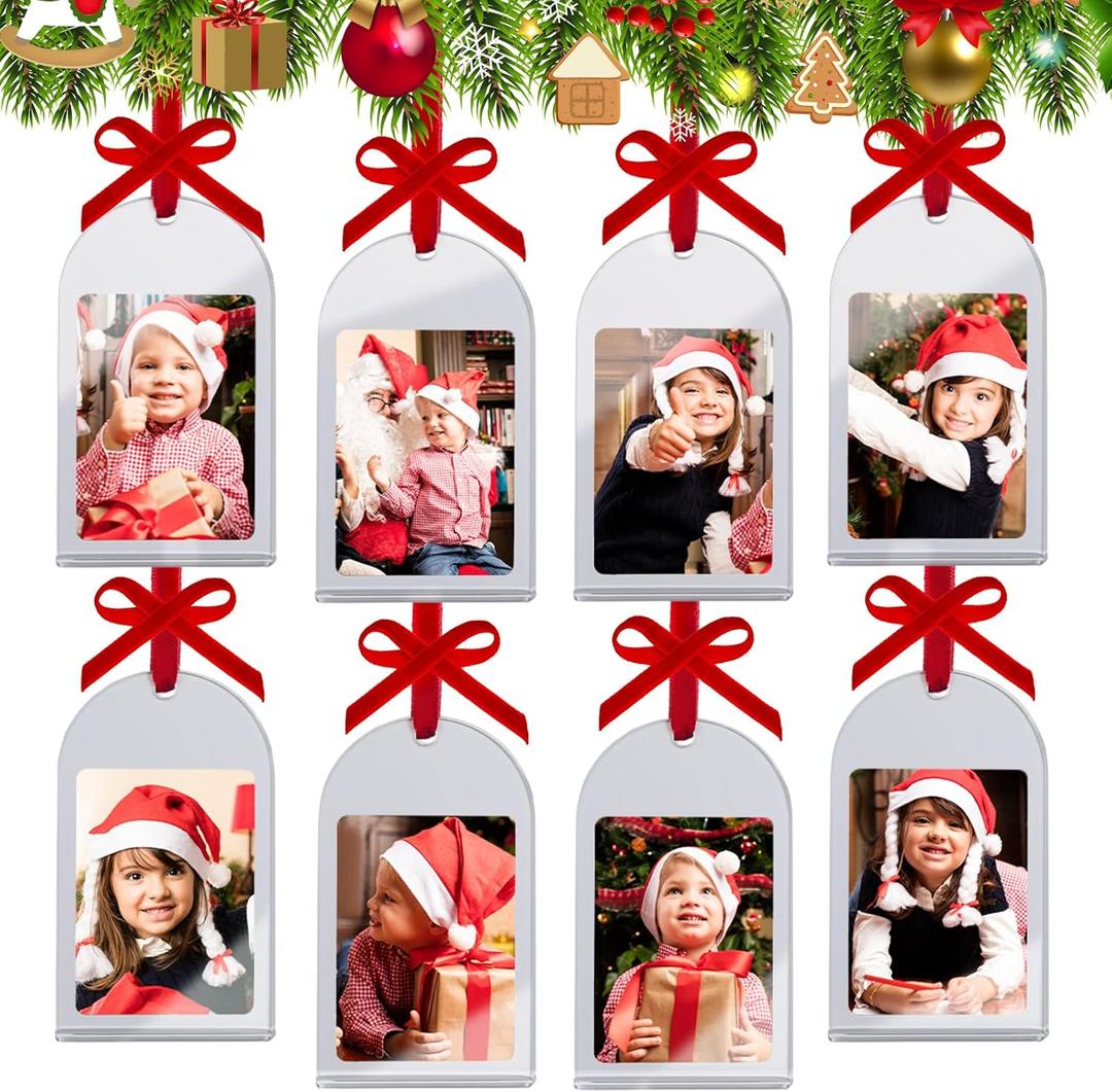 8Pcs Mini Vintage Christmas Acrylic Picture Frame Ornaments - 2x3 Inch Arch Small Wall Hanging Double-Sided Photo Frames with DIY Red Velvet Ribbon, for Christmas Tree Gifts Polaroid Fuji instax Mini (Silver Joy Combo)