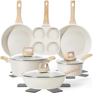 13 Pcs Pots and Pans Set, Nonstick Cookware Sets White Granite Induction Cookware, Non-toxic Healthy Non stick Kitchen Cooking Set with Frying Pans Set, Saucepans (PFAS/PFOA/PFOS Free)
