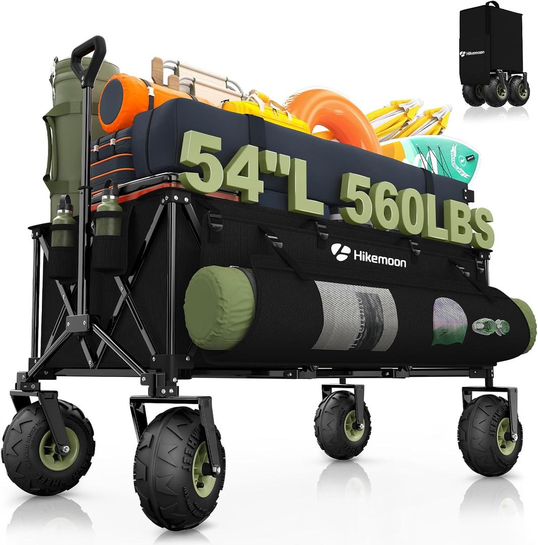 Hikemoon 400L Collapsible Beach Wagon with 10" Big Balloon Wheels for Sand, 54" Long Extra Large Wagons Carts Foldable, All Terrain Tires & 560LBS Heavy Duty, Utility Folding Cart for Outdoors, Black
