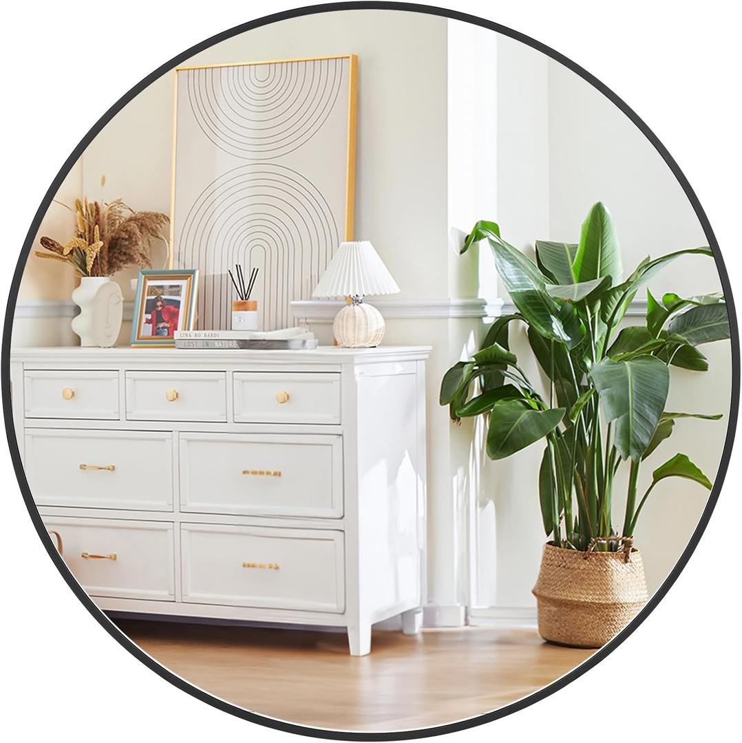 Round Mirror, 18 inch Black Metal Frame Circle Mirror, HD Eco-Friendly Round Bathroom Mirror for Wall, Modern Round Hanging Mirror for Bathroom, Hallway, Livng Room, Easy to Install