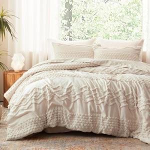 Luxudecor Beige Tufted Comforter Set King Size 3 Pieces Boho Shabby Chic Comforter Farmhouse Embroidery Bed Set Soft Comforter for All Seasons (Beige, 104''x90'')