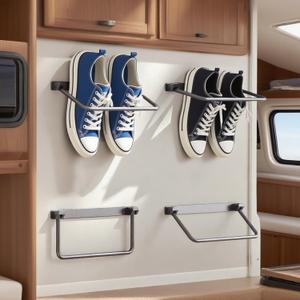 4 Pack Foldable RV Shoe Rack- Aluminum Wall Shoe Organizer for RV & Camper, Ultimate Rv Shoe Storage Solution, Efficient Space-Saving Shoes Holder for Footwears, Essential Travel Trailer Organizer
