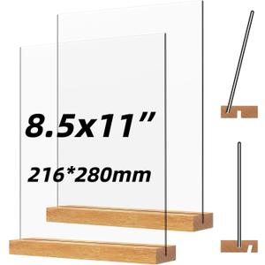Acrylic Sign Holder with Wood Base 8.5x11 Inch Vertical and Slant Displays (2 Pack 8.5*11")