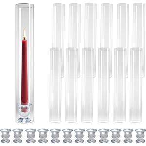 12-Pack Glass Hurricane Candle Holders - 13.78" Tall Clear Open-Ended Cylinders for Pillar Candles - Includes 2.36" Taper Candlestick Holders - Wedding, Event & Home Decor Centerpieces