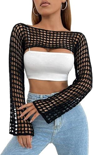 Womens Crochet Shrug Y2K Hollow Out Bolero Shrug See Through Cropped Knit Sweater Top , Small