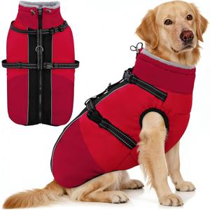 AOFITEE Dog Coat for Large Dogs, Waterproof Dog Winter Jacket with Built in Harness, Warm Turtleneck Cold Weather Coats Large, Reflective Fleece Lined Snow Jacket for French Bulldog, Boston Terrier, L (Red)