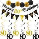 TOBATOBA 80th Birthday Decorations Kit for Men Women, Black Gold Happy 80th Birthday Banner, Triangle Flag Banner 80th Birthday Party Decorations, Swirl Streamers Paper Pompoms Party Supplies
