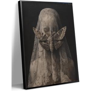 WOKAOGO Black Framed Wall Art Veiled Woman with Moth Wall Decor Dark Academia Canvas Art Gothic Pictures Vintage Paintings Victorian Prints Moody Artwork for Bedroom Bathroom