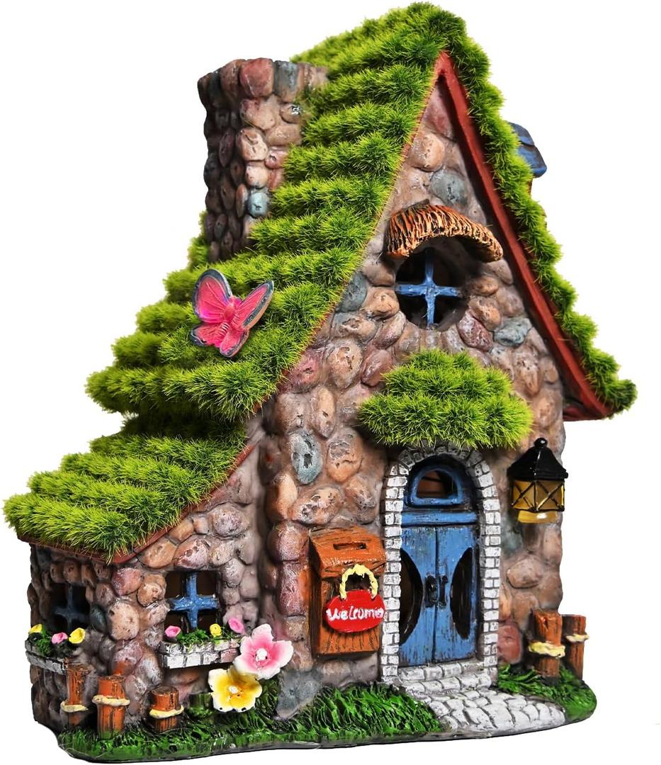 ASAWASA Resin Fairy House Statues with Solar Powered Lights, Funny Garden Sculptures with Flocked and Cobblestone Decor, Exquisite Garden Cottage Figurines