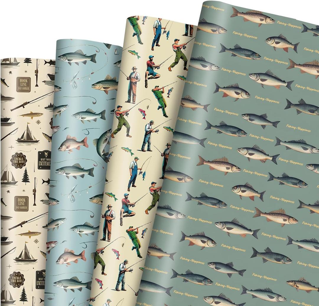 Pineraap Fishing Wrapping Paper 12 Sheets Vintage Fishing Angler Themed Gift Wrap Fish, Fisherman Design for Fishing Enthusiasts, Birthday, Father's Day, Retirement, Graduation 20" x 28"