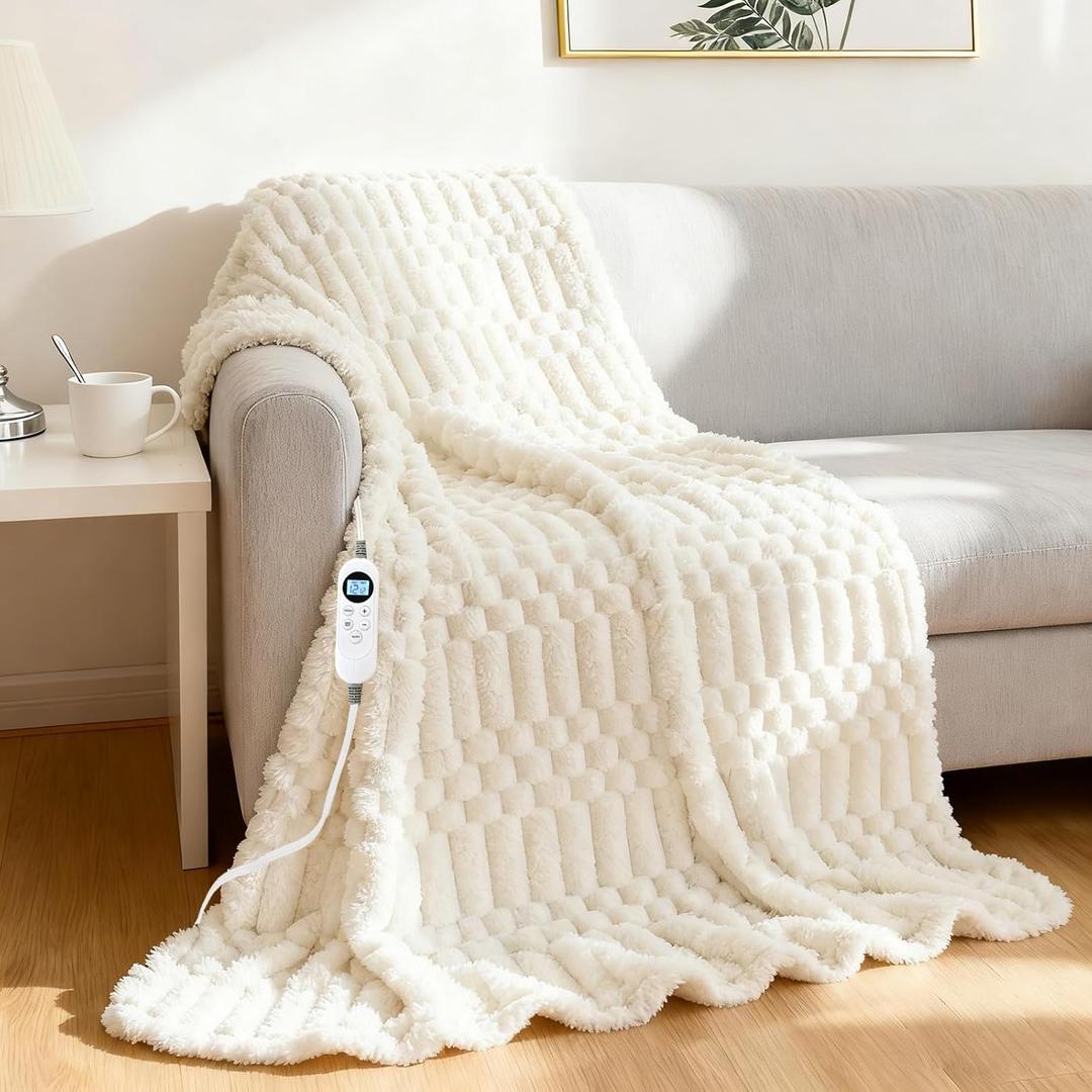 Eastsora Heated Blanket Flannel Blanket Throw, 50"X 60"Electric Heating Blanket with ETL & FCC & 12 Heating Levels & Auto Shut OffMachine Washable (White)