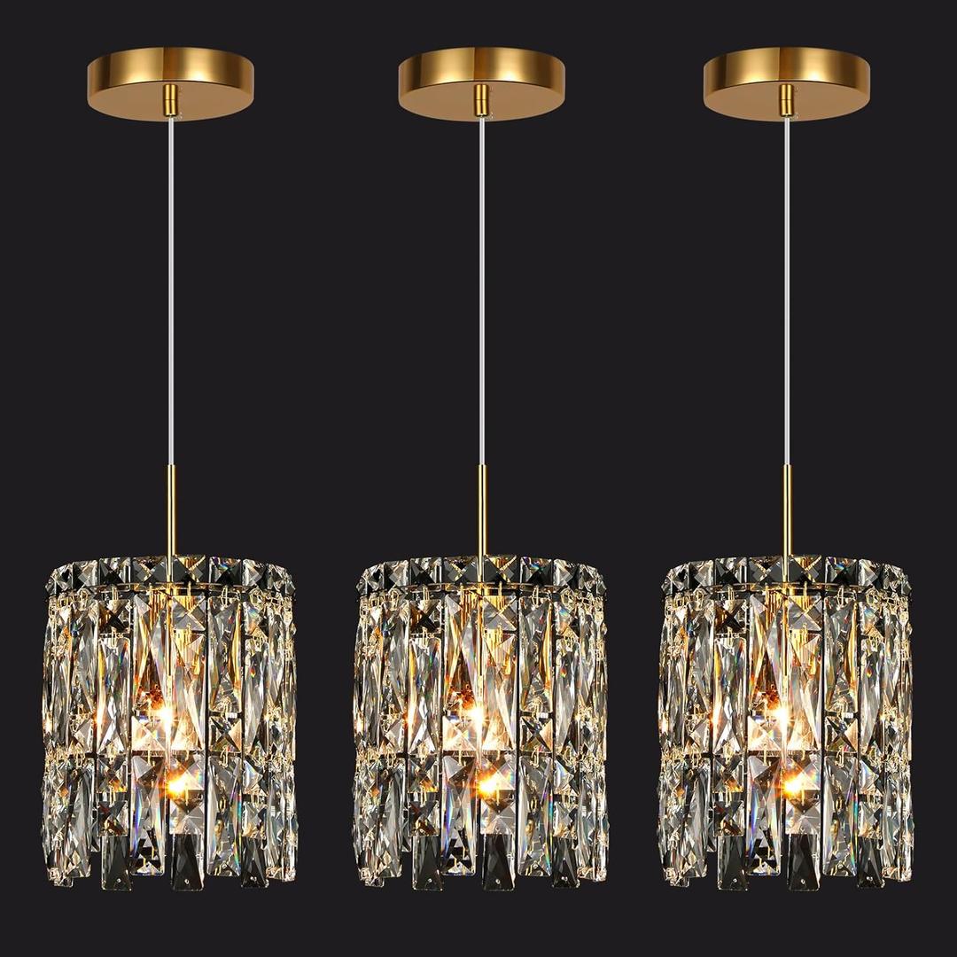 NISIDUN Modern K9 Crystal Pendant Lights Kitchen Island Set of 3,Gold Chandeliers for Dining Room Light Fixtures Over Table,Hanging Chandelier for Kitchen Island Entryway Bathroom BedHead Bedroom