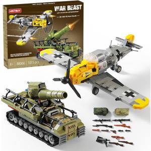 WW2 Military Toys Building Sets Compatible with Lego, Create a BF109 Plane Fighter Jet & a Karl Giant Mortar Tank, Great WWII Army Airplane Toy for Boys and Kids Age 8-12