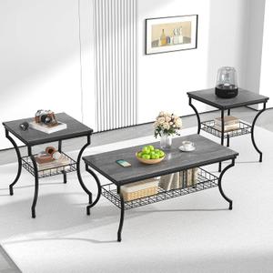 VECELO 3 Pieces Living Room Table Sets, Coffee and End Tables with Open Storage Shelves for Apartment, Home Office, Small Space, Easy Assembly, Dark Grey