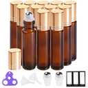 PrettyCare 12 Pack, 10 ml Essential Oil Roller Bottles with Stainless Steel Roller Ball - Refillable Leak-proof Empty Thick Amber Glass Roll on Bottles with Metal Caps for Travel, Perfume