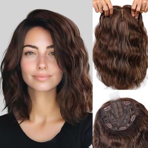 LEEONS 11 Inch Natural-Looking Hair Topper for Women, Short Wavy Breathable Wiglet 6.5"x6.5" Base, Synthetic Volume Booster for Thinning Hair Coverage (6H24#-Brown with Blonde Highlights)