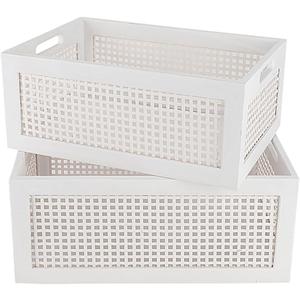 Wood Storage Baskets, Rattan Storage Baskets, Desk Office Drawer Storage Box. White, Set 2