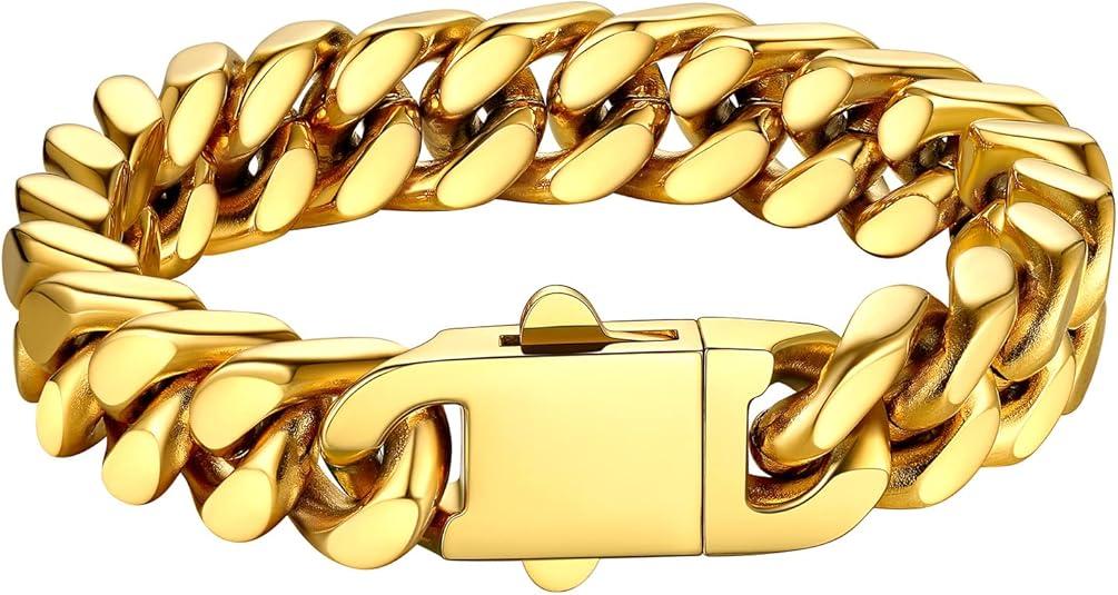 Bestyle Thick Mens Cuban Link Chain Bracelets, Durable Real 18K Gold/Black Metal Plated Solid Stainless Steel Hand Chain Cuban Bracelets for Men, Silver Black Gold Bracelets for Father Husband