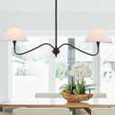 Modern Linear Chandelier for Kitchen Island, 2-Light Linear Light Fixture with Off-White Fabric Shade, Rustic Pendant Light for Dining Room (Black)