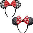 YUNISS 2 PCS Mouse Ears, Shiny Red Sequin Bow Mouse Ears Headbands for Adult Women Girls Christmas Birthday Party (Red&dot bow)