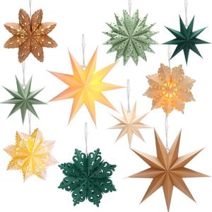 Leinuosen 10 Set Christmas Snowflake Paper Lantern Star Paper Lantern with 10 LED Lights Lamp Star Hanging Decor for Party Xmas Weddings New Year Birthday Celebration Decorations(Multicolor)