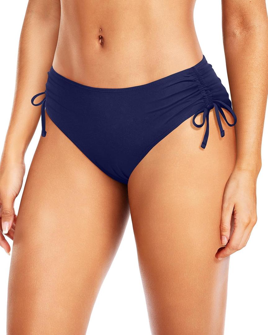 Daci Women Mid Waist Bikini Bottoms - Full Coverage Swim Bathing Suit Bottom Side Tied Swimsuit Bottoms (Medium, Navy Blue)