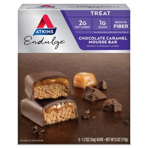 Atkins Endulge Chocolate Caramel Mousse Bar, Dessert Favorite, 1g Sugar, High in Fiber, 5 Count (EXP 02/07/27)