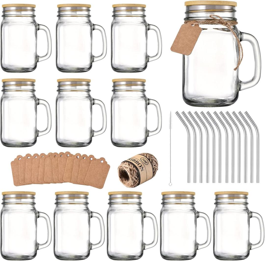 16 oz Mason Jars with Handle, Mason Jar Cups, Glass Cups with Lids and Straws, Drinking Glasses Set of 12