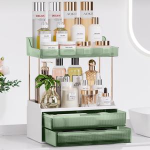 Bathroom Counter Organizer, 2-Tier 2-Drawer Makeup Organizer Countertop, Easy to Install, Ideal for Bathroom Storage, Vanity, Perfume, Large Skincare, Present, and More, DarkGreen Bathroom Counter Organizer, 2-Tier 2-Drawer Makeup Organizer Countertop, Easy to Install, Ideal for Bathroom Storage, Vanity, Perfume, Large Skincare, Present, and More, DarkGreen