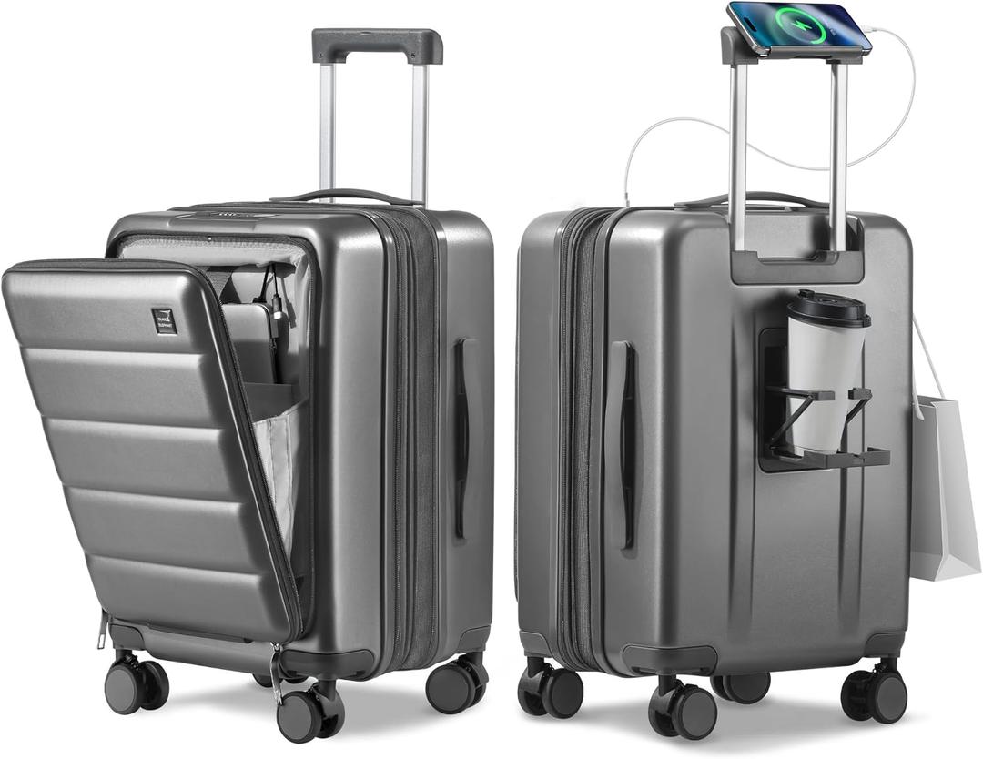 Expandable 20Inch Carry On Luggage Airline Approved - Front Pocket Travel Suitcase 100% PC Unbreakable -with Cup Holder,USB Charge,Side Pothook, 360Spinner Wheels, TSA Lock-Grey