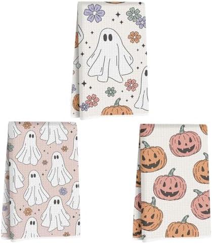 3 Pcs Halloween Themed Kitchen Towels, Naughty Ghost Decorative Absorbent Microfiber Dish Cloth Tea Towel, Pumpkin Waffle Soft Hand Towels for Farmhouse Home Bathroom, Halloween Gifts