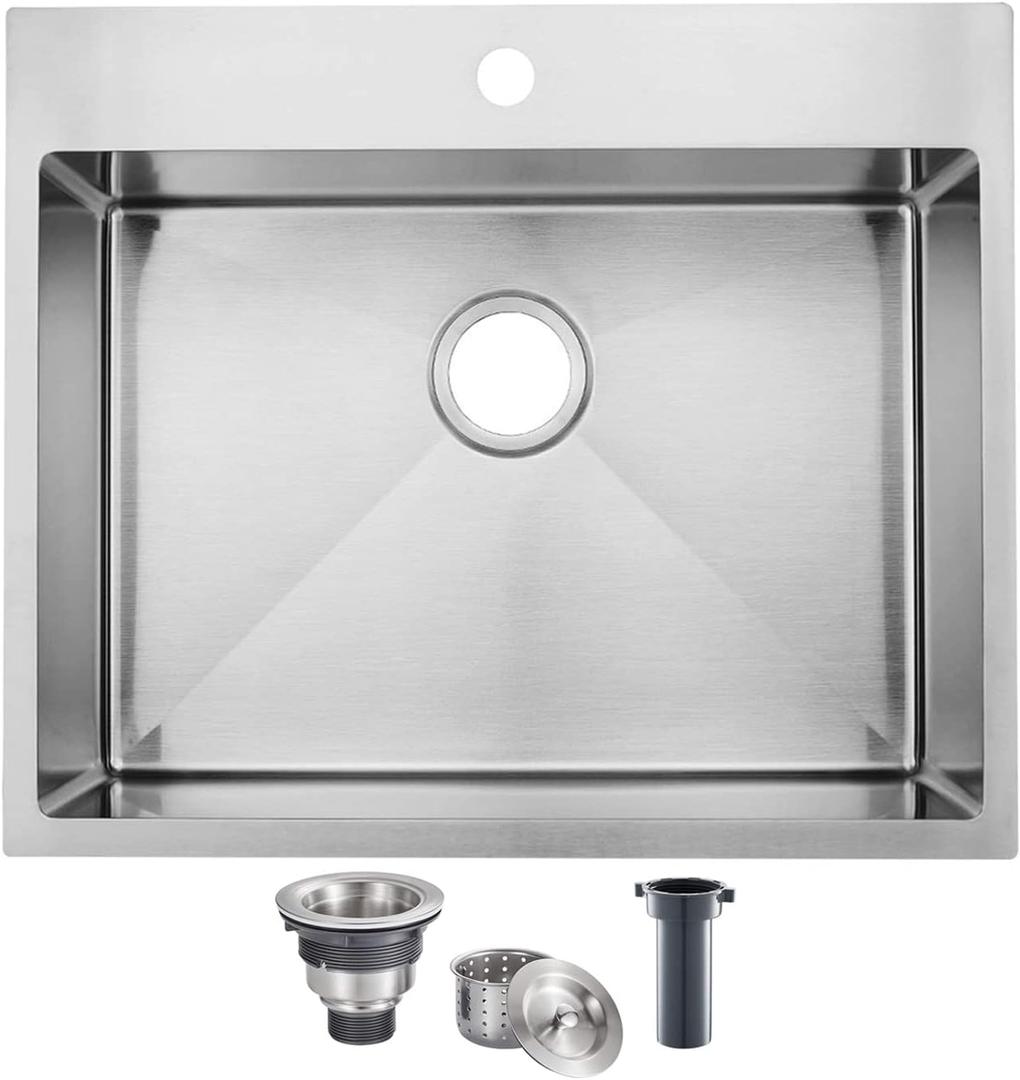 SHACO 25x22 Inch Drop In Kitchen Sink, Top Mount 16 Gauge 304 Stainless Steel 8 Inch Deep Drop In RV Laundry Utility Sink, Brushed Nickel Single Bowl Sink Topmount Overmount Sinks with Drain