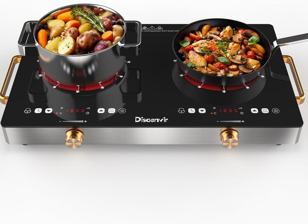 2 Burner Electric Cooktop 110V - 24 Inch Countertop Electric Stove with Handles 2000W, Two Burner Ceramic Burner with LCD Touch Screen and Knob Control, Timer, Safety Lock, 120V Plug in