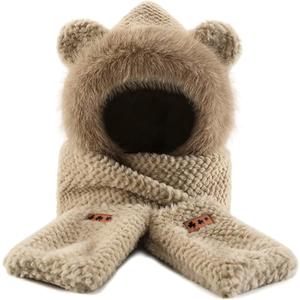 Hooded Scarf for Women Winter, Cute Bear Ear Hat Scarf 3 in 1 Faux Fur Gloves Set Soft Thick Warm Hat (Khaki)