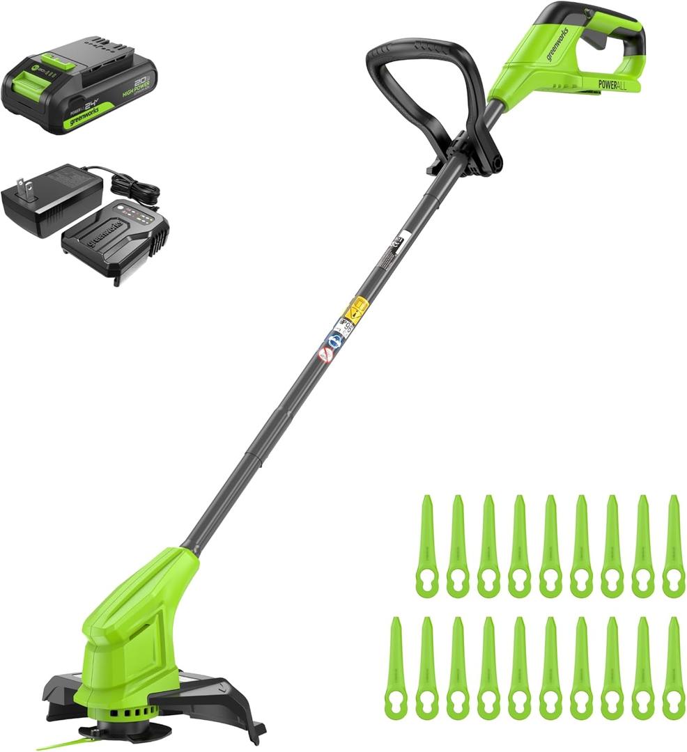 Greenworks 24V 10" Cordless String Trimmer with 2.0Ah Battery and Charger, 20 Replacement Blades Included