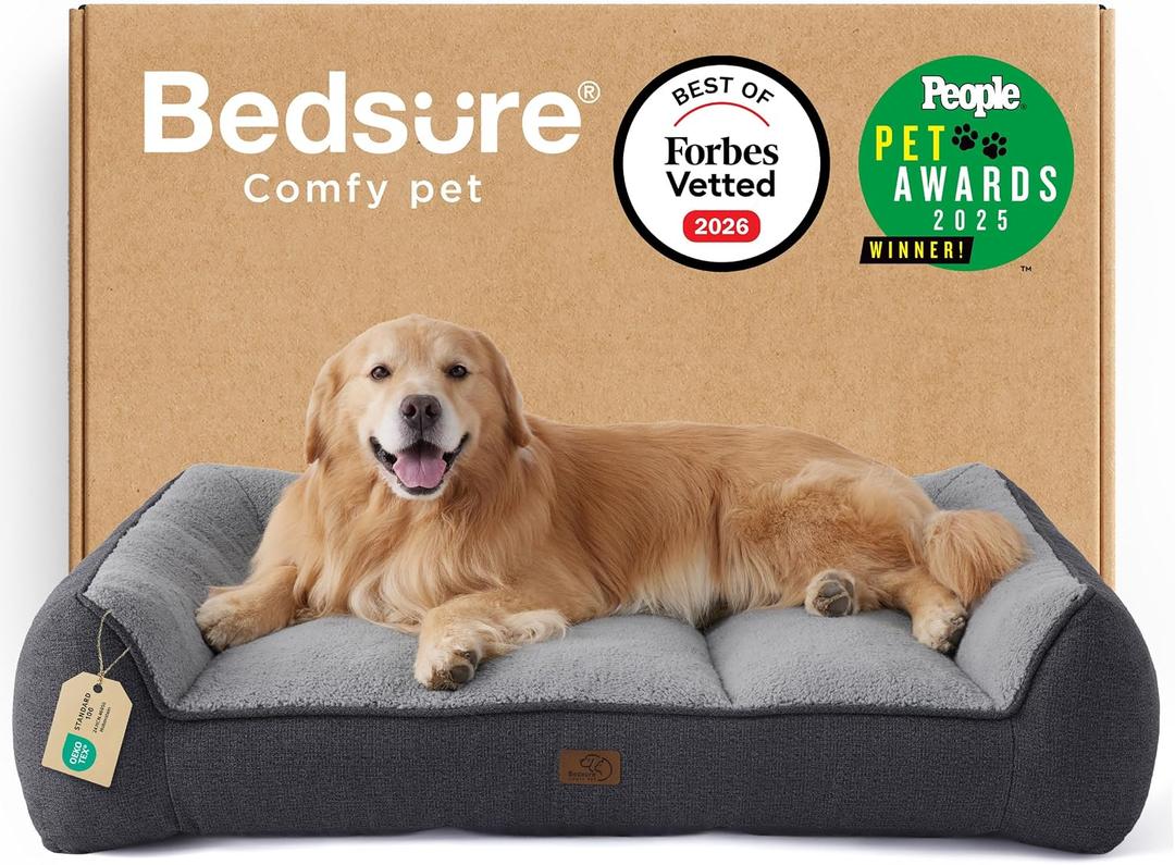 Bedsure SupportMax XL Plus Orthopedic Dog Beds Large Sized Dog - Extra Thick Supportive Dogs Couch with Waterproof Washable Cover, Jumbo Pet Sofa with Soft Sherpa and Nonskid Bottom, Grey, 48"