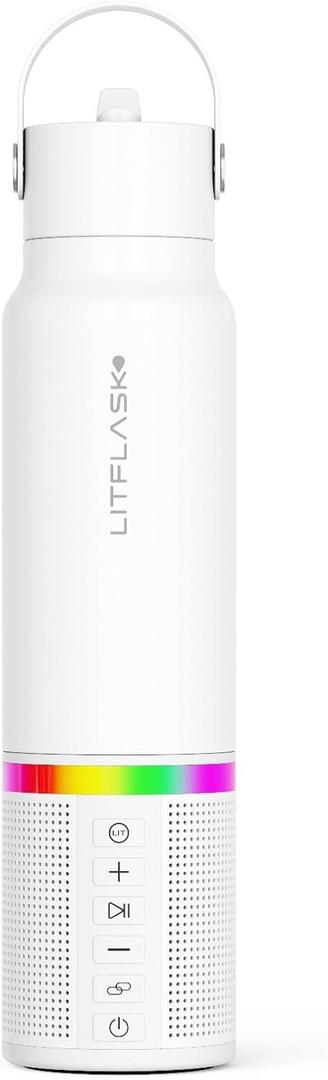 Smart Water Bottle with Premium Bluetooth Speaker, Portable Charger, LED Light, Stainless Steel, Mix & Match Colors, 20oz - Oprah's Favorite Things 2024 (White)