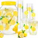 AnyDesign 1 Gallon Summer Lemon Plastic Drink Dispenser with 50 Pcs Disposable Plastic Cups Lids Straws Lemonade Stand Supplies Fruits Beverage Water Dispenser with Spigot for Juice Ice Tea Beer