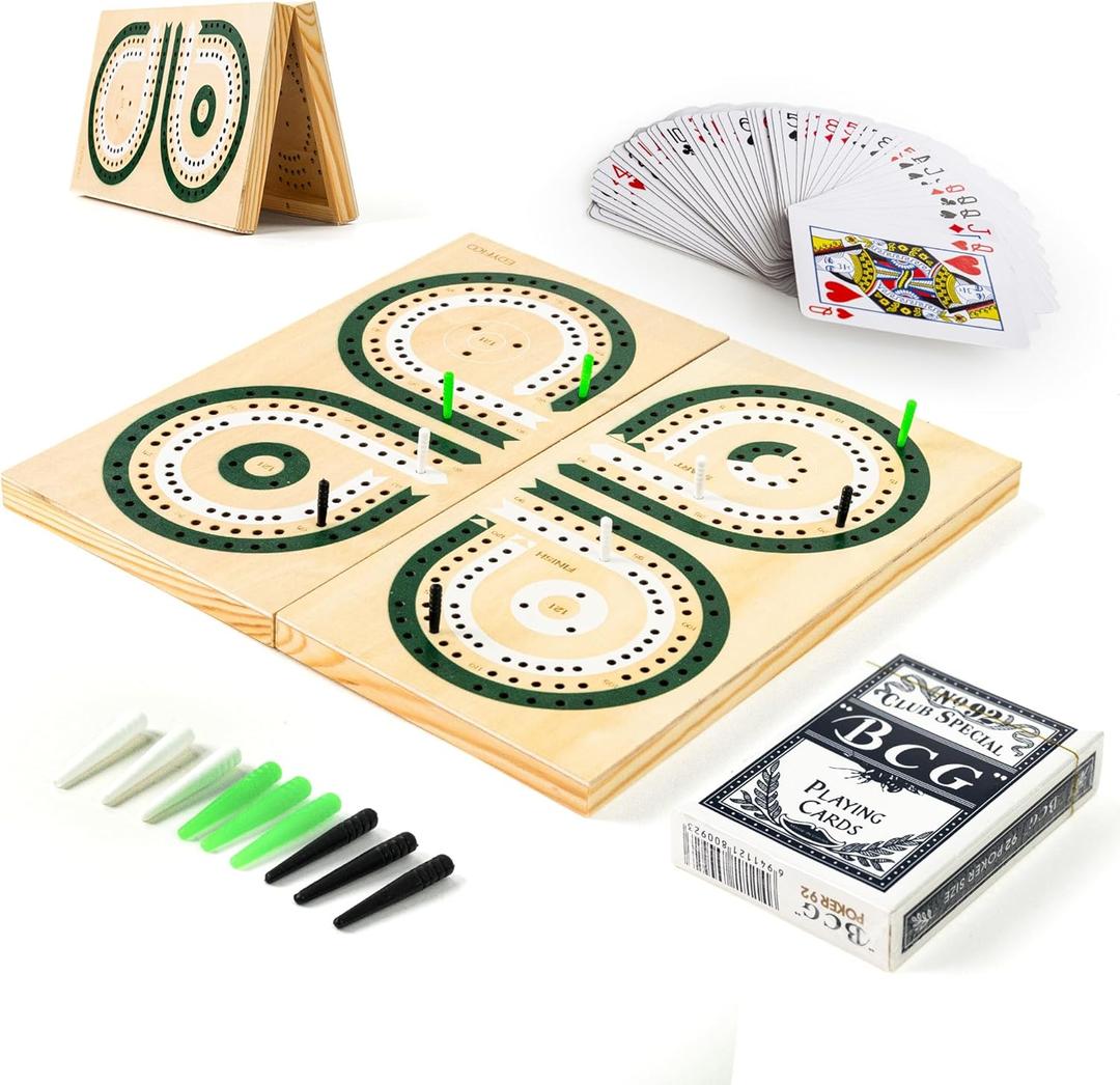 Cribbage Board Game Set, Unique Square 3-Track Cribbage Board Foldable with Card Storage & Magnetic Closure, 9 Multi-Colored Pegs, Playing Cards, Family Travel Board Game for Gatherings & Gifts